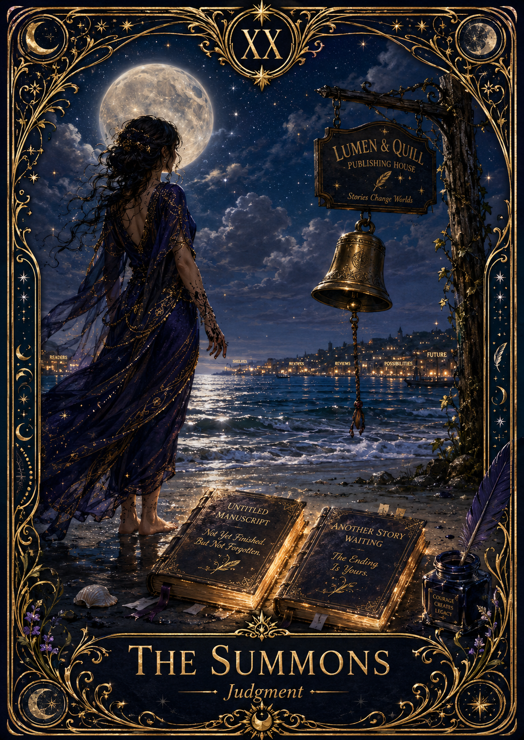 A custom tarot card called The Summons showing a moonlit beach, a bell, unfinished books, and a woman facing the water.